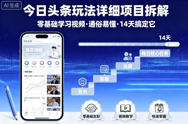 【19650】今日头条玩法详细项目拆解，零基础学习视频 通俗易懂 14天搞定它