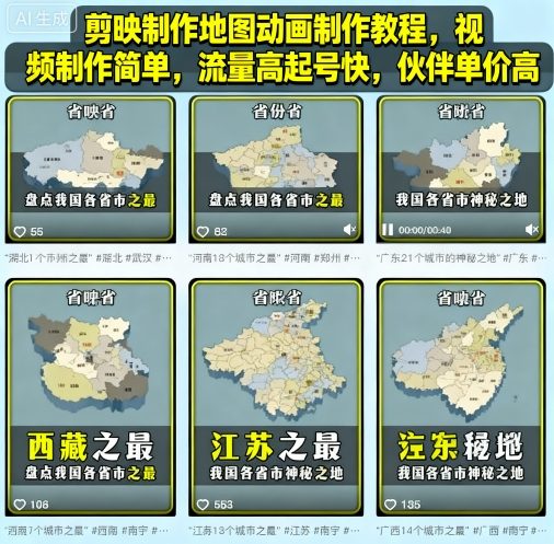 【19792】剪映制作地图动画制作教程，视频制作简单，流量高起号快，伙伴单价高