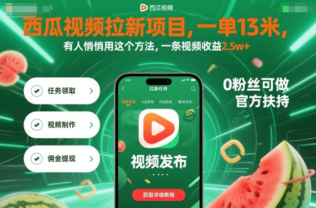 【19981】西瓜视频拉新项目，一单13米，有人悄悄用这个方法，一条视频收益2.5w+（附详细教程）