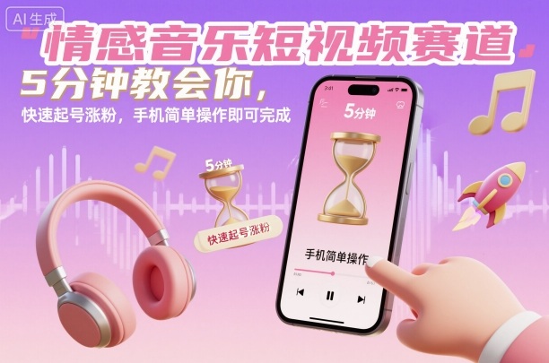 【20185】情感音乐短视频赛道，5分钟教会你，快速起号涨粉，手机简单操作即可完成