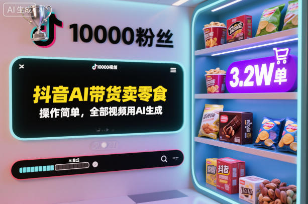 【20385】抖音AI带货卖零食，操作简单，全部视频用AI生成，一万粉丝，卖了3.2W单