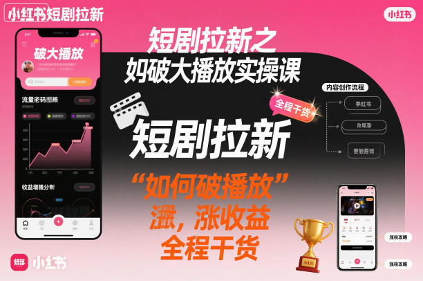 【20425】短剧拉新之小红书如何破大播放实操课，如何破播放，涨收益，全程干货