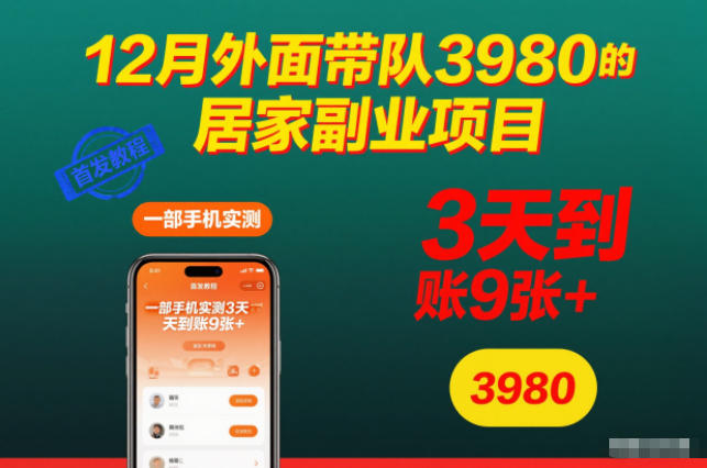 【20644】12月外面带队3980的居家副业项目，一部手机实测3天到账9张+，首发教程【揭秘】
