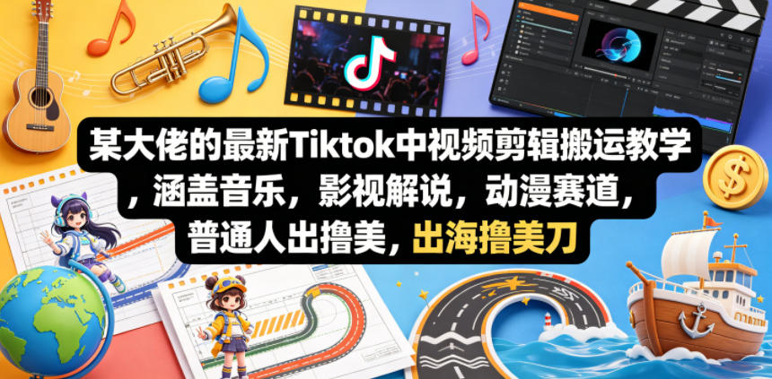 【21643】某大佬的最新Tiktok中视频剪辑搬运教学，涵盖音乐，影视解说，动漫赛道，普通人出海撸美刀