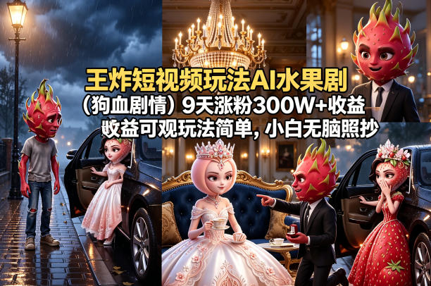 【21657】王炸短视频玩法AI水果剧（狗血剧情）9天涨粉300W+收益可观玩法简单，小白无脑照抄，详细拆解玩法