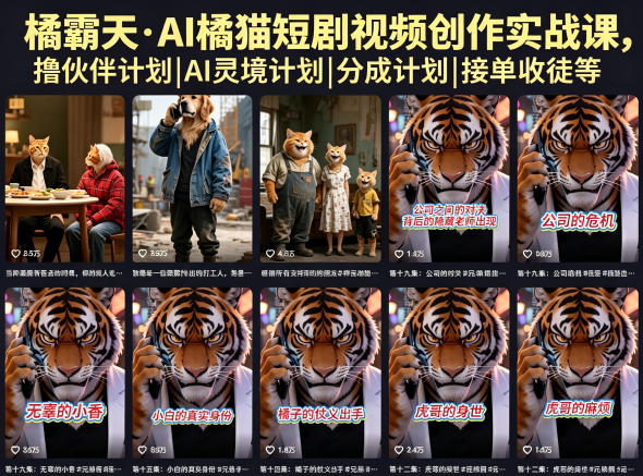 【21723】橘霸天·AI橘猫短剧视频创作实战课，撸伙伴计划|AI灵境计划|分成计划|接单收徒等