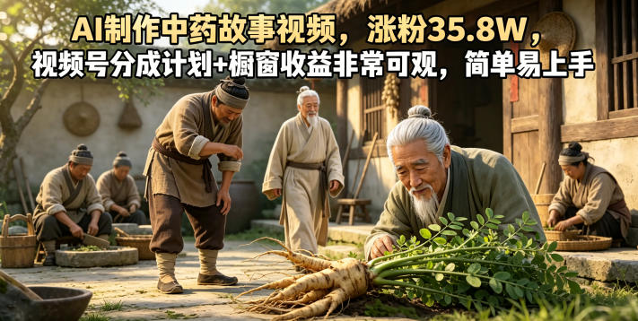 【21830】AI制作中药故事视频，涨粉35.8W，视频号分成计划+橱窗收益非常可观，简单易上手