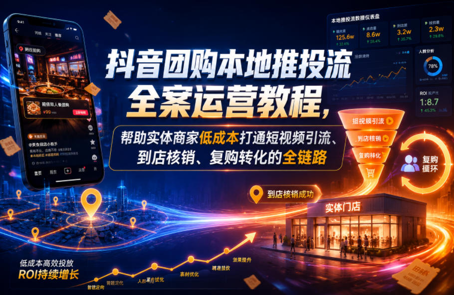 咸鱼本鱼抖音团购本地推投流全案运营教程，帮助实体商家低成本打通短视频引流、到店核销、复购转化的全链路