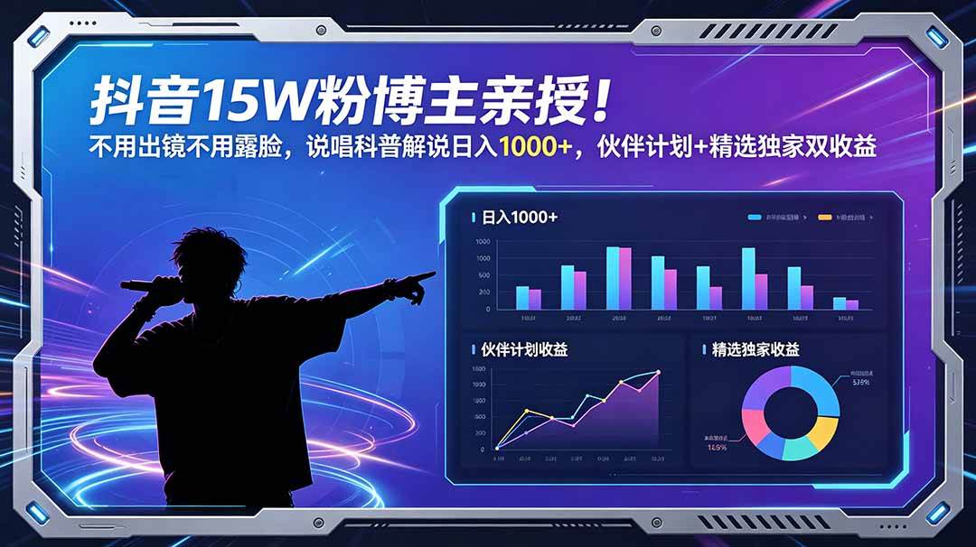 【21850】抖音15W粉博主小不点憨憨亲授！不用出镜不用露脸，说唱科普解说日入1000+，伙伴计划+精选独家双收益