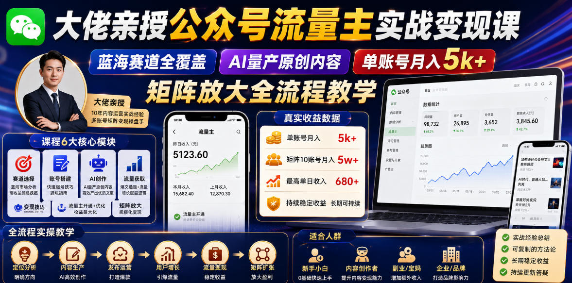 【21855】大佬亲授公众号流量主实战变现课，蓝海赛道全覆盖，AI量产原创内容，单账号月入5k+矩阵放大全流程教学