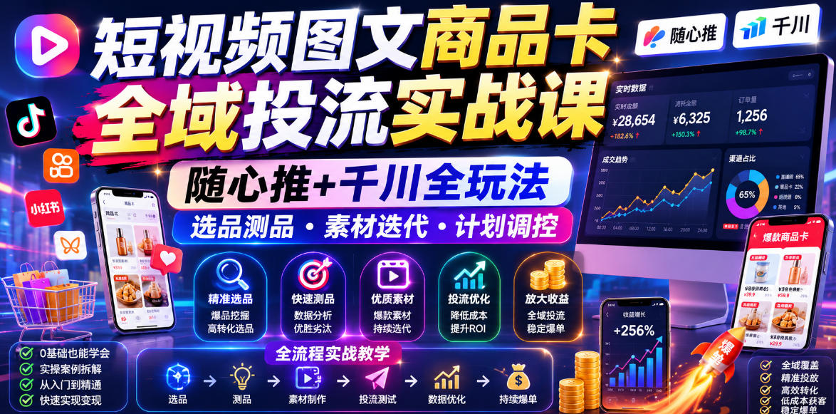 【21861】糯米爸短视频图文商品卡全域投流实战课，随心推+千川全玩法，选品测品・素材迭代・计划调控，提升ROI爆单增收教程