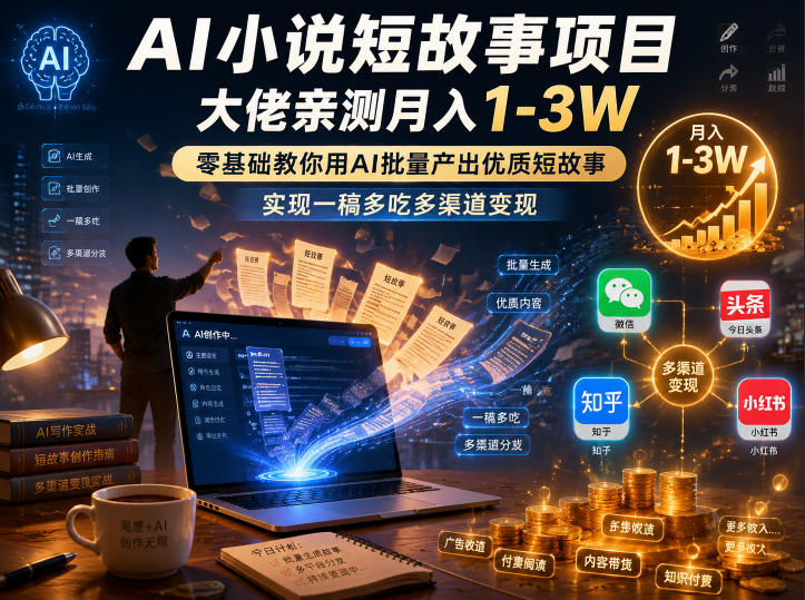 【21866】AI小说短故事项目，大佬亲测月入1-3W，零基础教你用AI批量产出优质短故事，实现一稿多吃多渠道变现（更新）