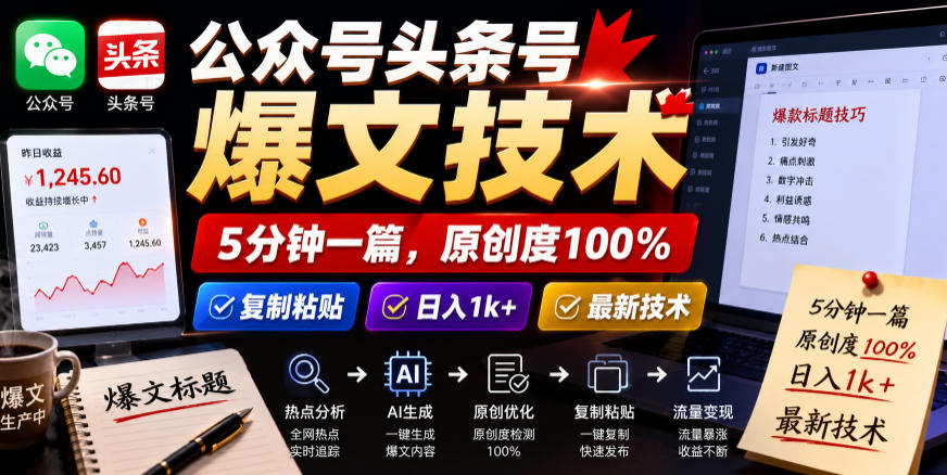 【21868】公众号头条号爆文技术，5分钟一篇，原创度100%，复制粘贴，日入1k+，最新技术【揭秘】