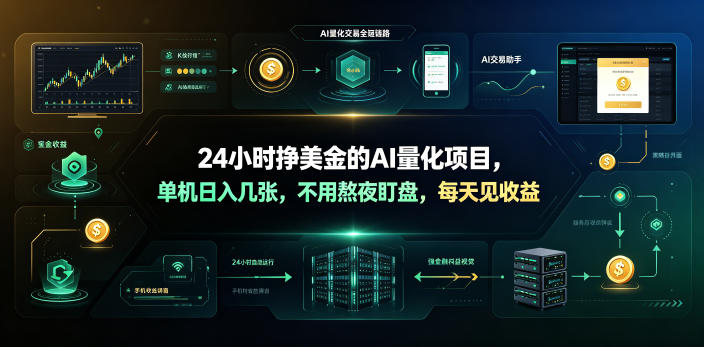 【21883】24小时挣美金的AI量化项目，单机日入几十美刀，不用熬夜盯盘，每天见收益【揭秘】