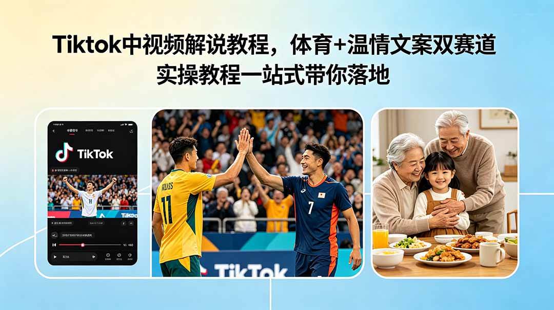 【21886】Tiktok中视频解说教程，体育+温情文案双赛道实操教程一站式带你落地