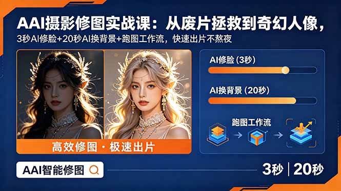 一晨AI摄影修图实战课：从废片拯救 到 奇幻人像，3秒AI修脸+20秒AI换背景+跑图工作流，快速出片不熬夜