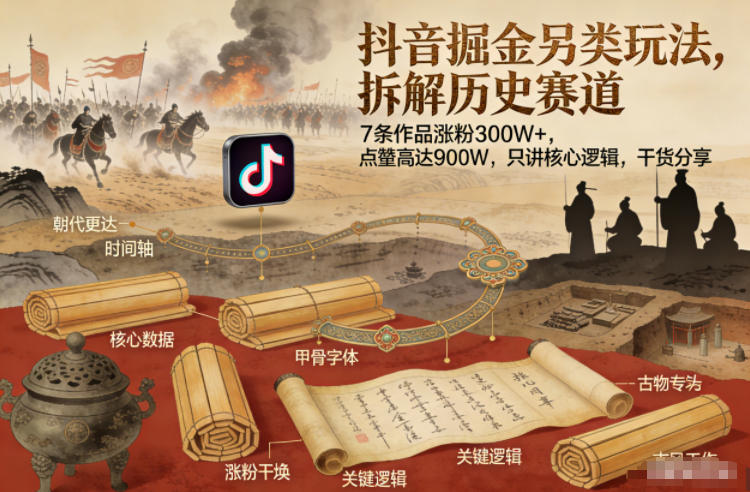 【21025】抖音掘金另类玩法，拆解历史赛道，7条作品涨粉300W+，点赞量高达900W，只讲核心逻辑，干货分享