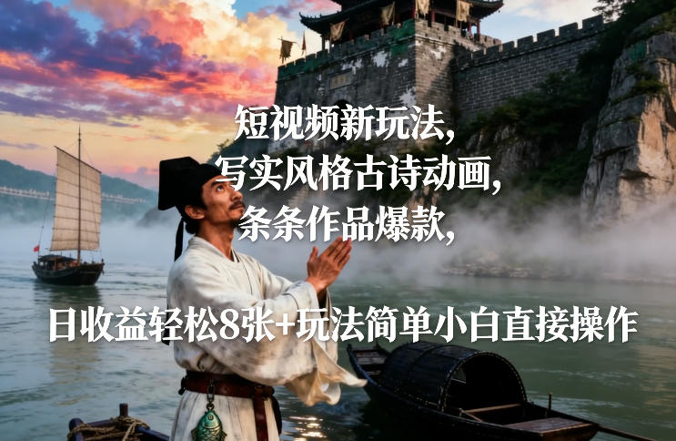 【21113】短视频新玩法，写实风格古诗动画，条条作品爆款，日收益轻松8张+玩法简单小白直接操作