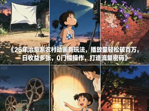 【21154】26年治愈系农村动画新玩法，播放量轻松破百万，日收益多张，0门槛操作，打造流量密码