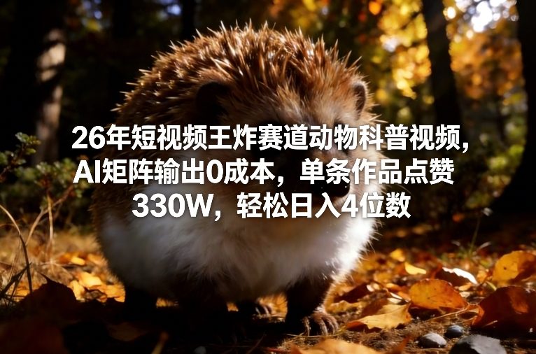 【21265】26年短视频王炸赛道动物科普视频，AI矩阵输出0成本，单条作品点赞330W，轻松日入4位数